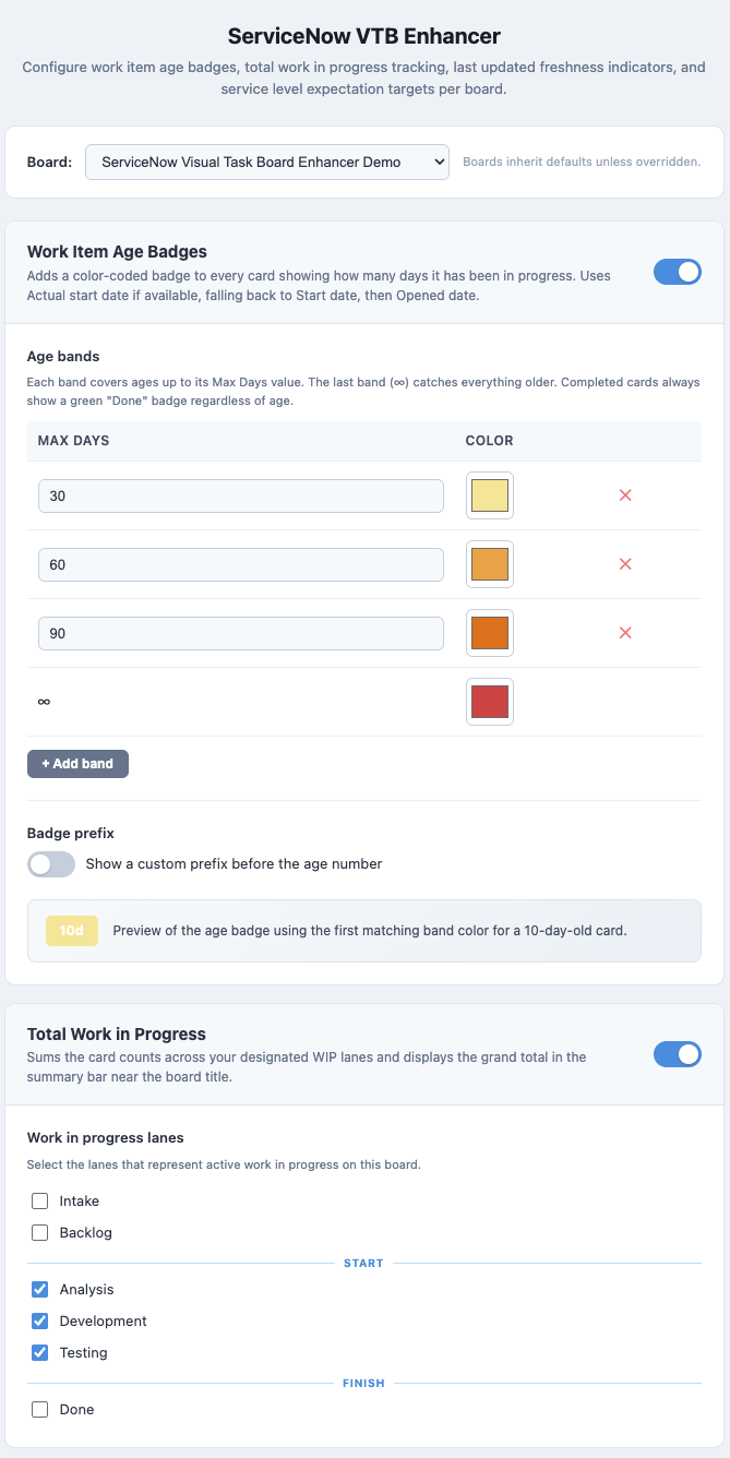 Options page for a specific board — top half showing feature toggles and age band configuration