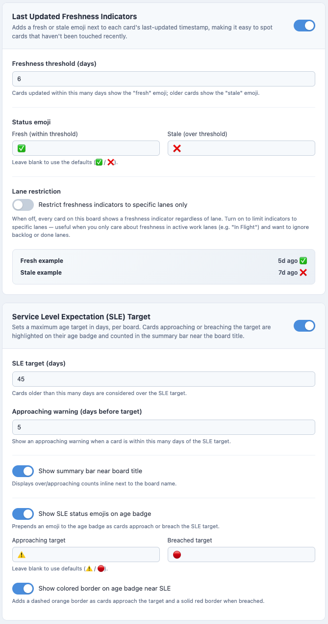 Options page for a specific board — bottom half showing SLE, freshness, and WIP lane selection